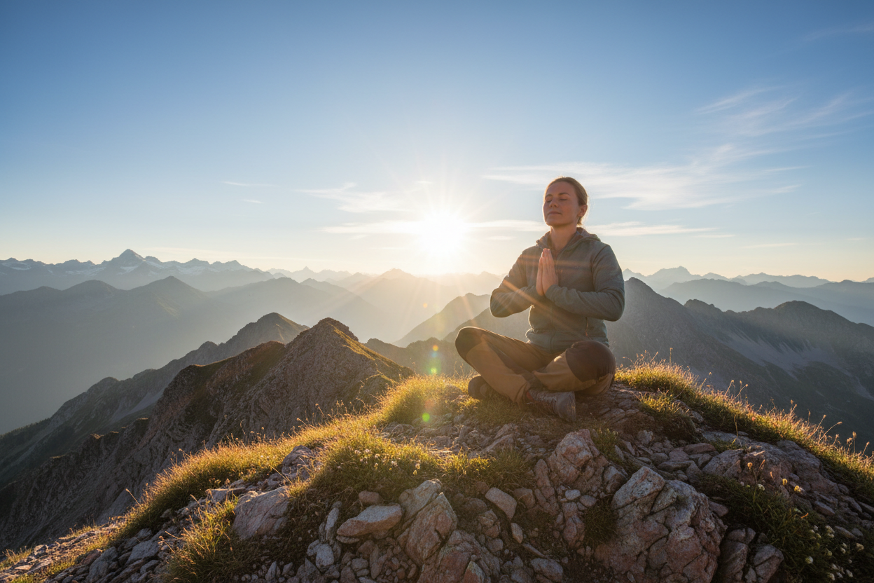 Crest a real life image of a woman sitting on top of a mountain in sunny weather as if she is praying 